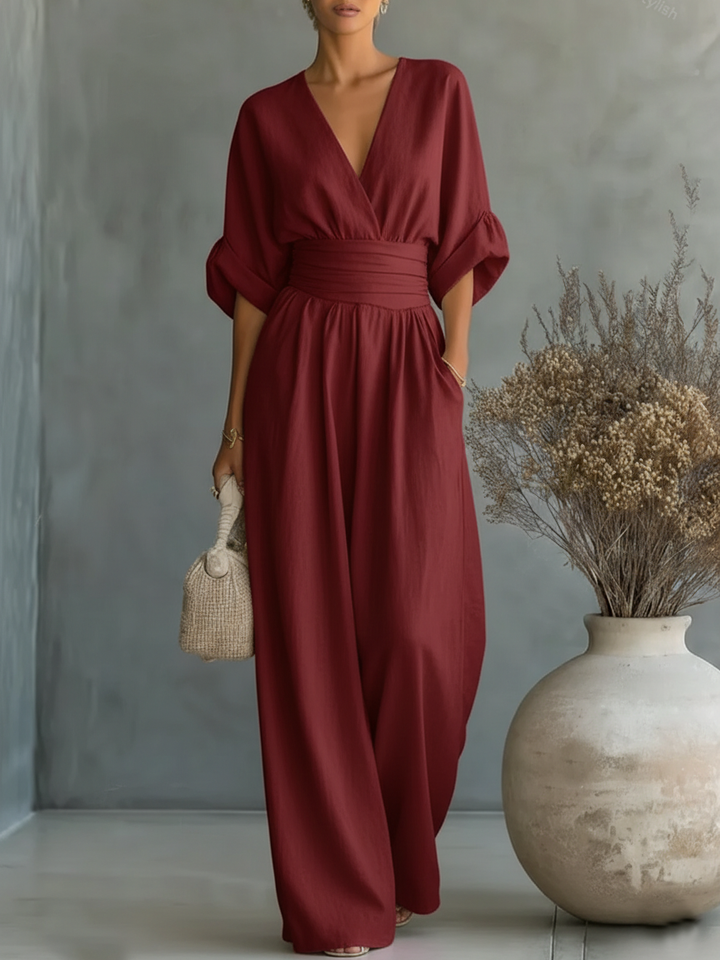 ESSENTIAL - Elegant V-Neck High-Waisted Jumpsuit