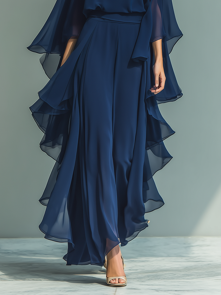 🌸  Navy Blue Chiffon Top Set with Flared Sleeves and Straight-Leg Pants with Ruched Details