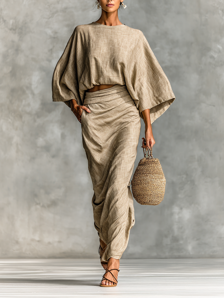 🌸 Two-Piece Cotton-Linen Blend Maxi Skirt Set with Batwing Sleeves