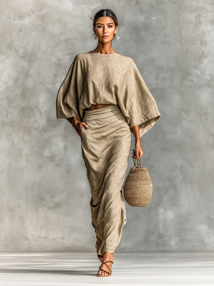 🌸 Two-Piece Cotton-Linen Blend Maxi Skirt Set with Batwing Sleeves