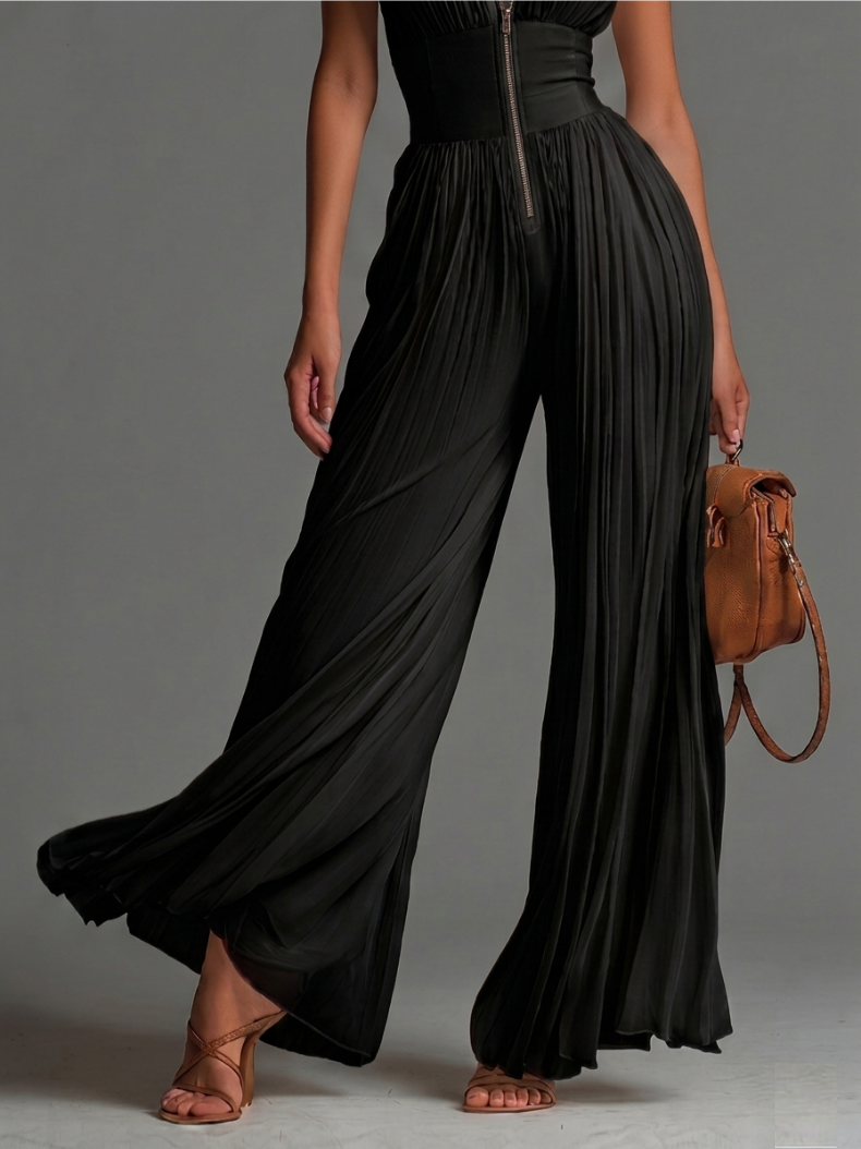 Zsófia Jumpsuit – Black Pleated Chiffon