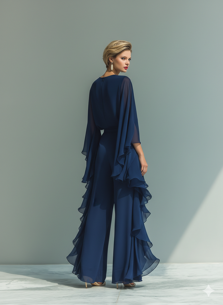 🌸  Navy Blue Chiffon Top Set with Flared Sleeves and Straight-Leg Pants with Ruched Details