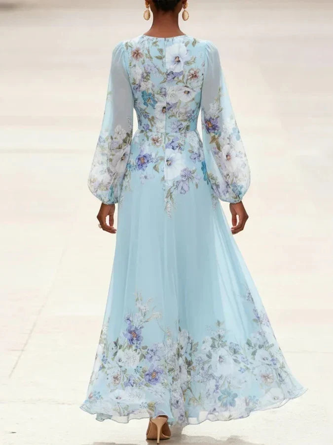 Mia | Light Blue Floral Chiffon V-Neck Maxi Dress