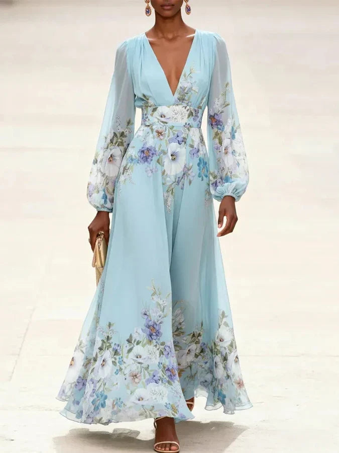 Mia | Light Blue Floral Chiffon V-Neck Maxi Dress