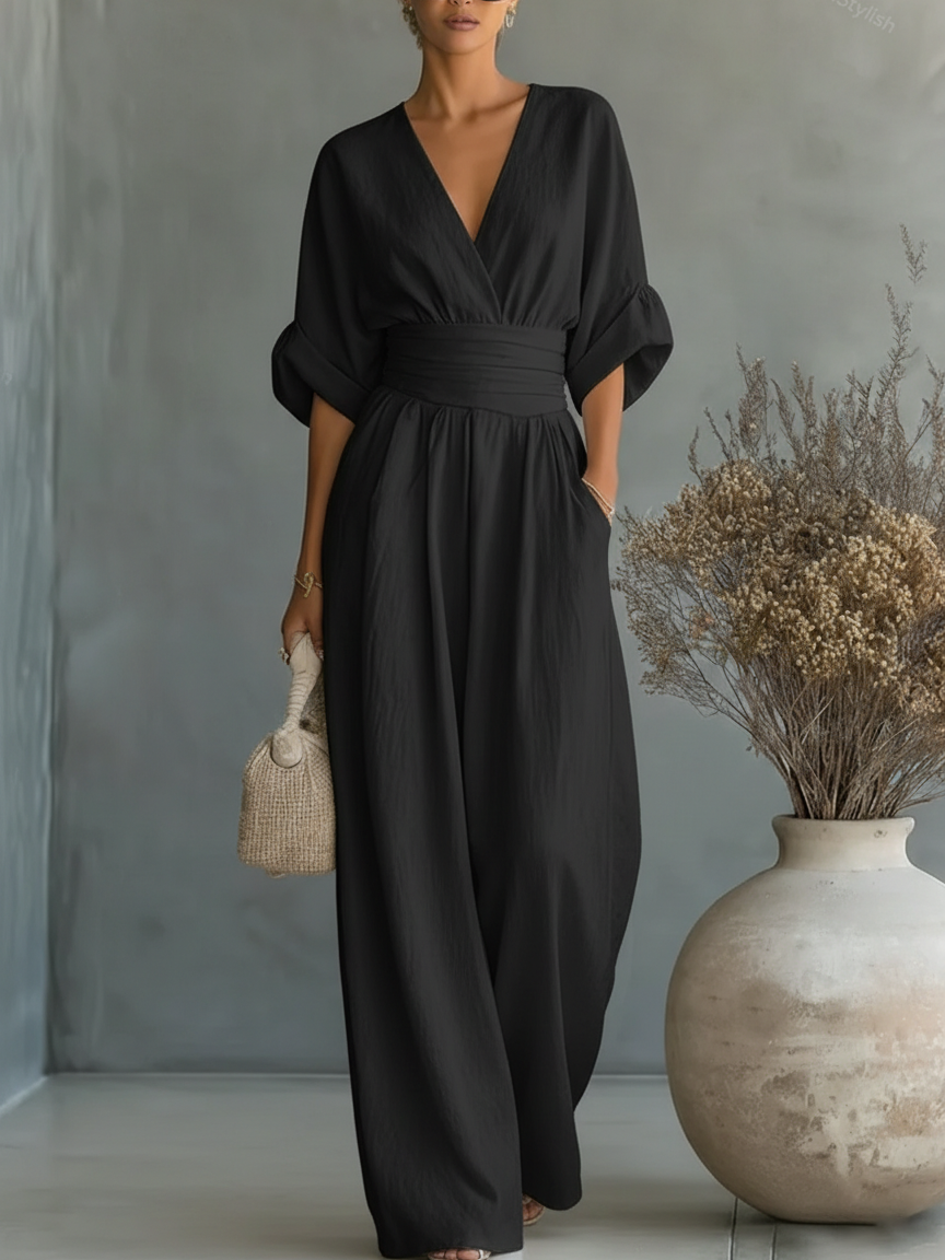 ESSENTIAL - Elegant V-Neck High-Waisted Jumpsuit