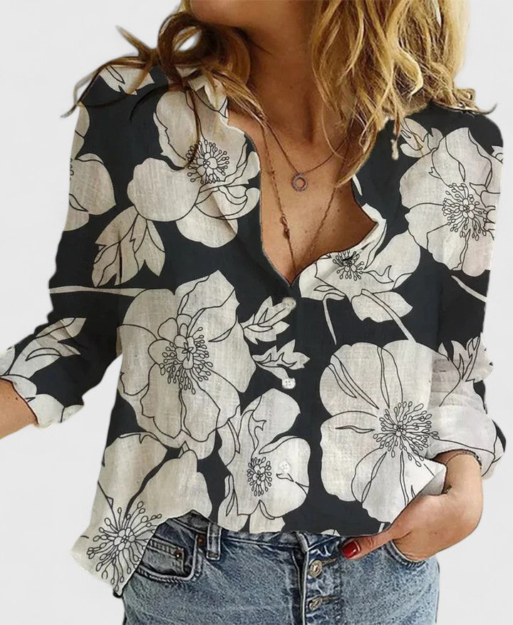 Sarah | Women’s Linen Blend V Neck Button Blouse