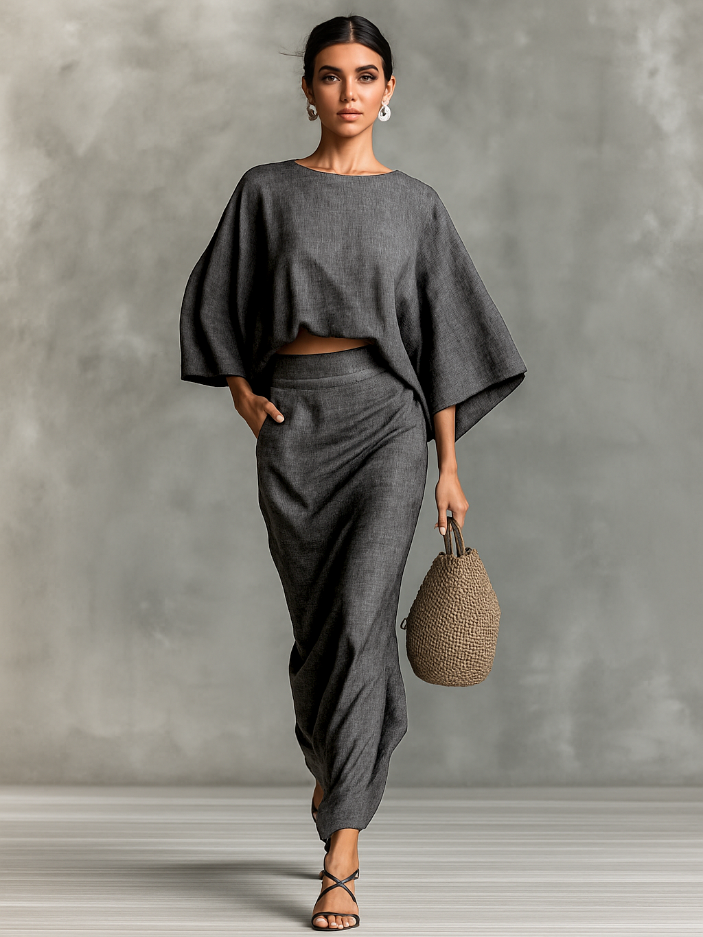 🌸 Two-Piece Cotton-Linen Blend Maxi Skirt Set with Batwing Sleeves