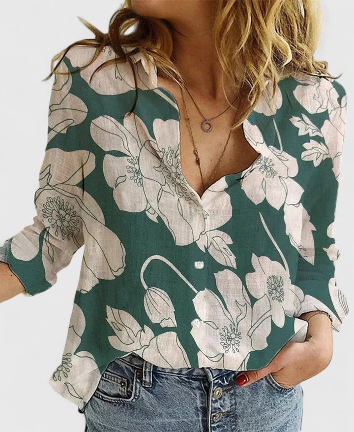 Sarah | Women’s Linen Blend V Neck Button Blouse
