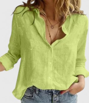 Sarah | Women’s Linen Blend V Neck Button Blouse