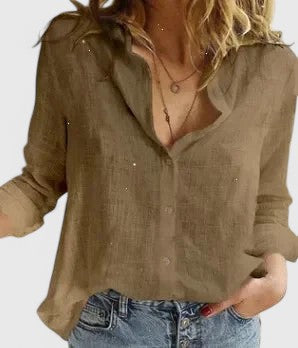 Sarah | Women’s Linen Blend V Neck Button Blouse
