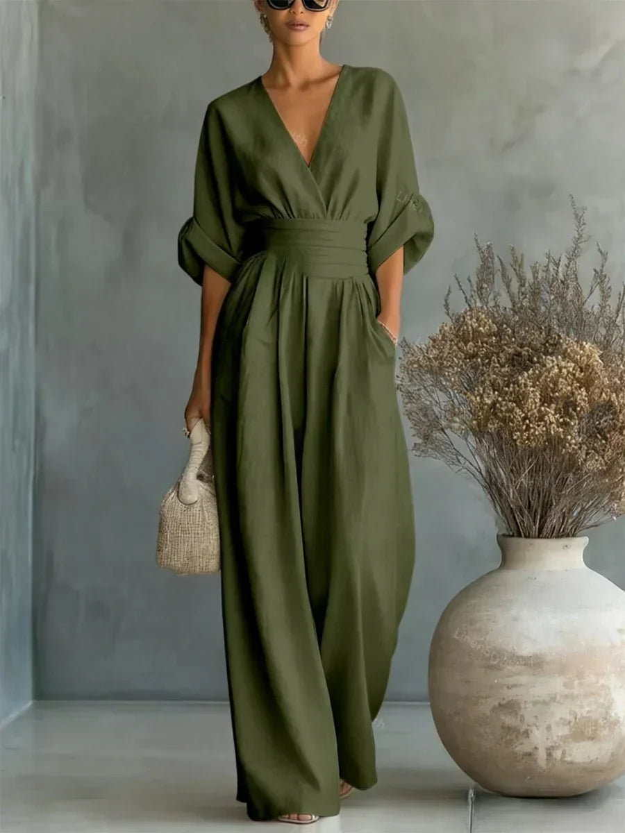 ESSENTIAL - Elegant V-Neck High-Waisted Jumpsuit