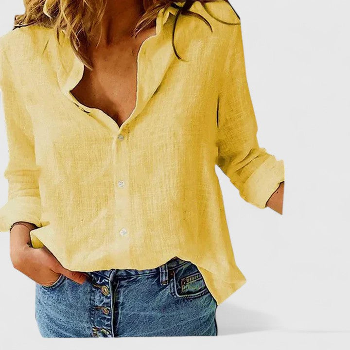 Sarah | Women’s Linen Blend V Neck Button Blouse